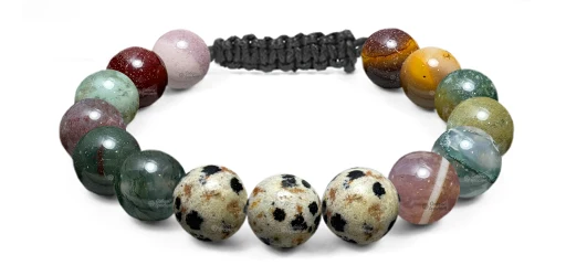 Браслет с плетёным замком из яшмы далматин, зеленой яшмы и яшмы мукаита